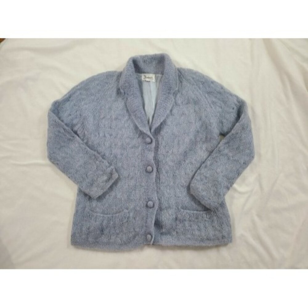 Vintage 70s Bamberger's Women's LARGE Blue Wool Cardigan Sweater Lined Button